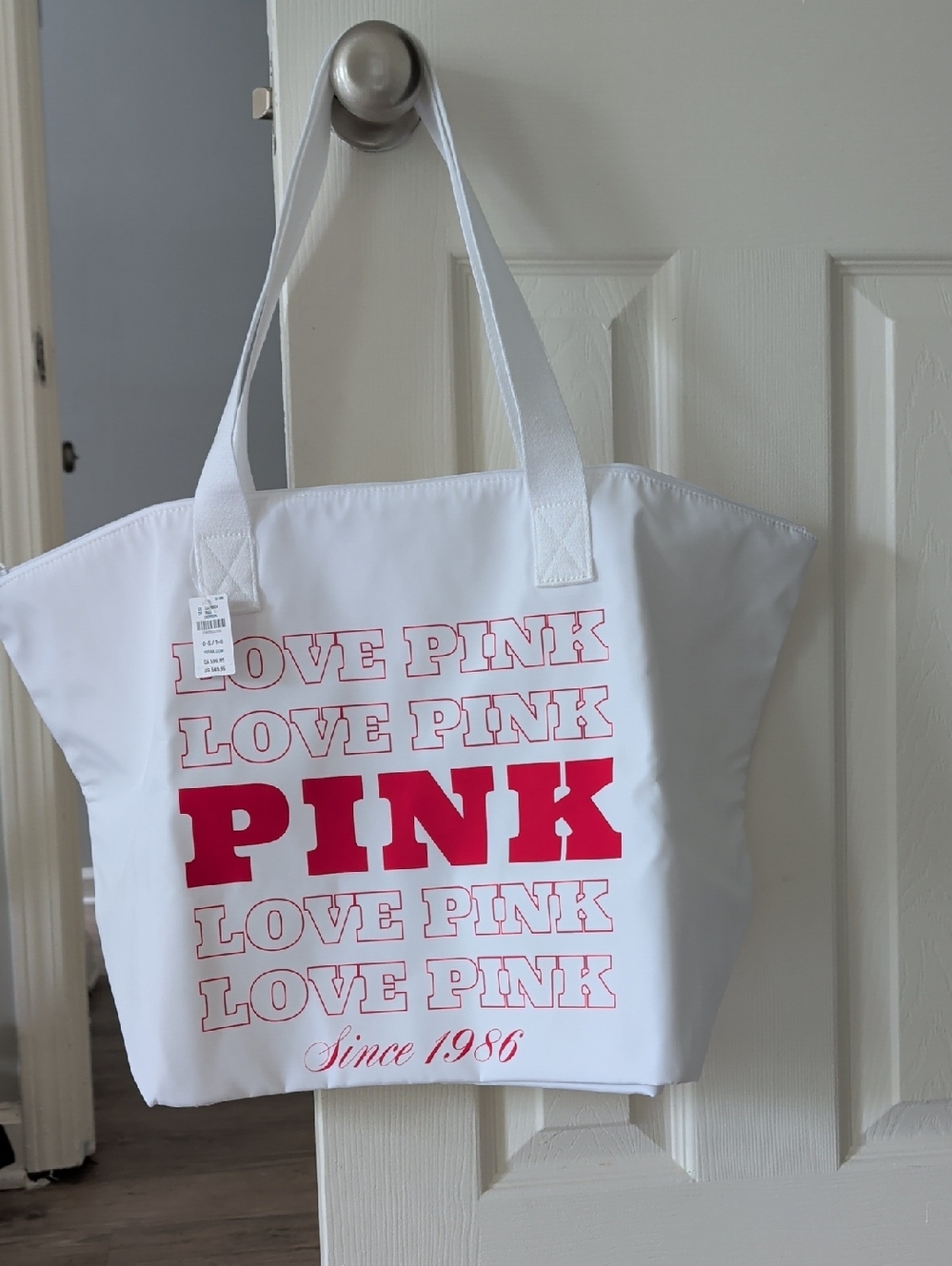 PINK Victoria's Secret White Tote with Bold Pink Logo Print